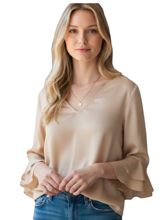 ANTONIO MELANI Tops - Antonio Melani Gold Silk Tiered Flutter Sleeve Blouse Size S